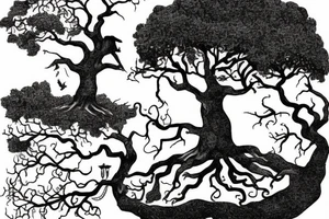 A dramatic scene from a book called the Alchemist. A sycamore tree with a boy at the bottom and a treasure chest tattoo idea