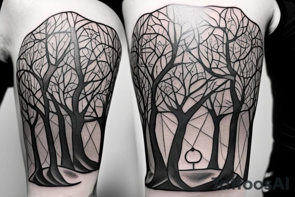 A dramatic scene from a book called the Alchemist. A sycamore tree with a boy at the bottom and a treasure chest tattoo idea