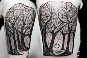 A dramatic scene from a book called the Alchemist. A sycamore tree with a boy at the bottom and a treasure chest tattoo idea