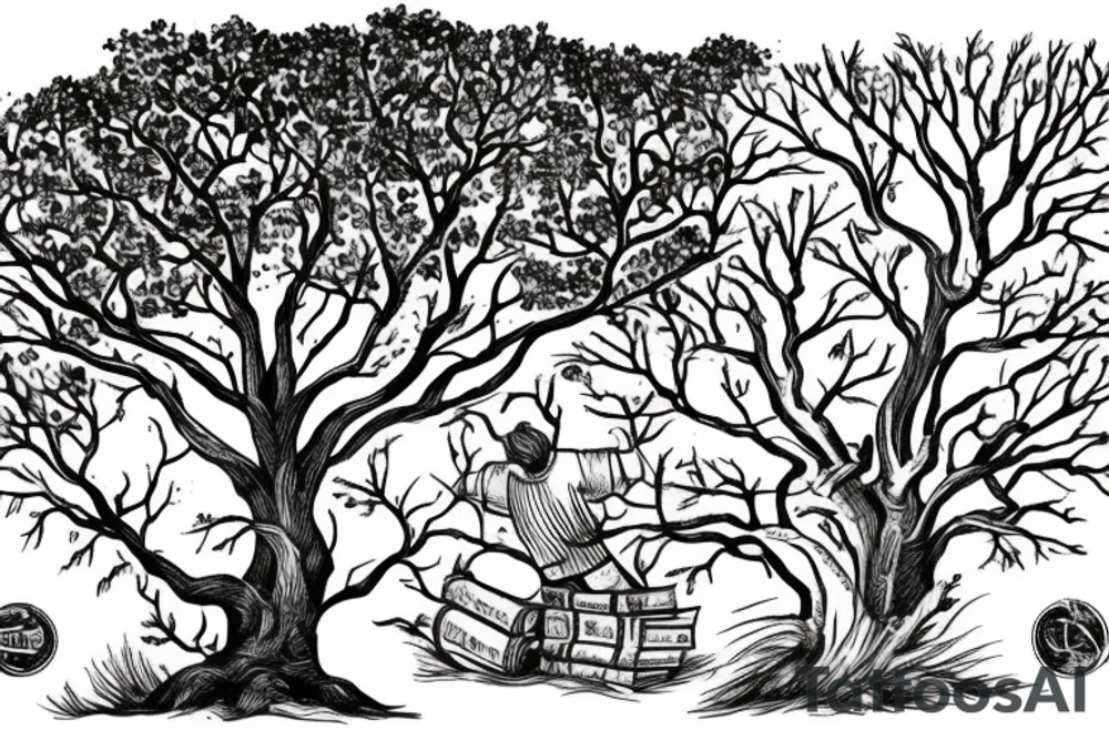A dramatic scene from a book called the Alchemist. A sycamore tree with a boy at the bottom and a treasure chest tattoo idea