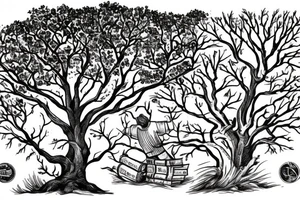 A dramatic scene from a book called the Alchemist. A sycamore tree with a boy at the bottom and a treasure chest tattoo idea