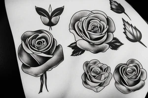 a small rose, a tree and a mountain tattoo idea