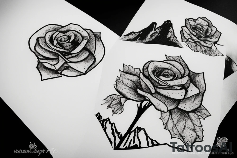a rose below a tree with a mountain in the background tattoo idea