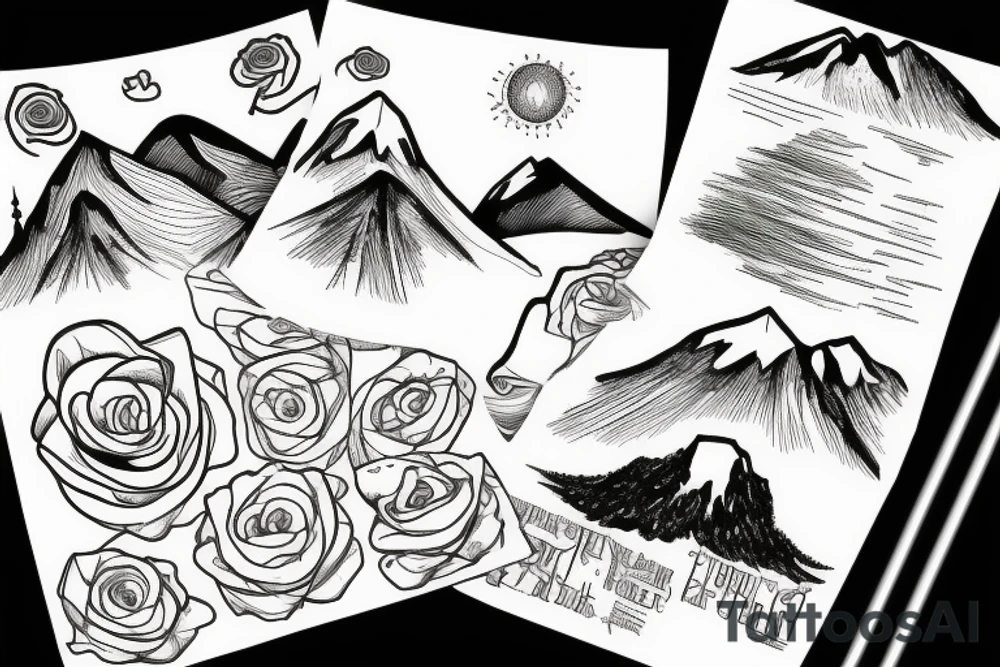 a rose below a tree with a mountain in the background tattoo idea