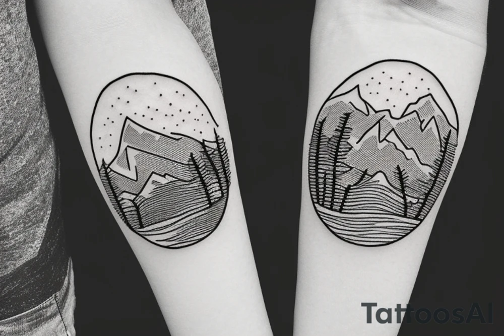 a rose below a tree with a mountain in the background tattoo idea