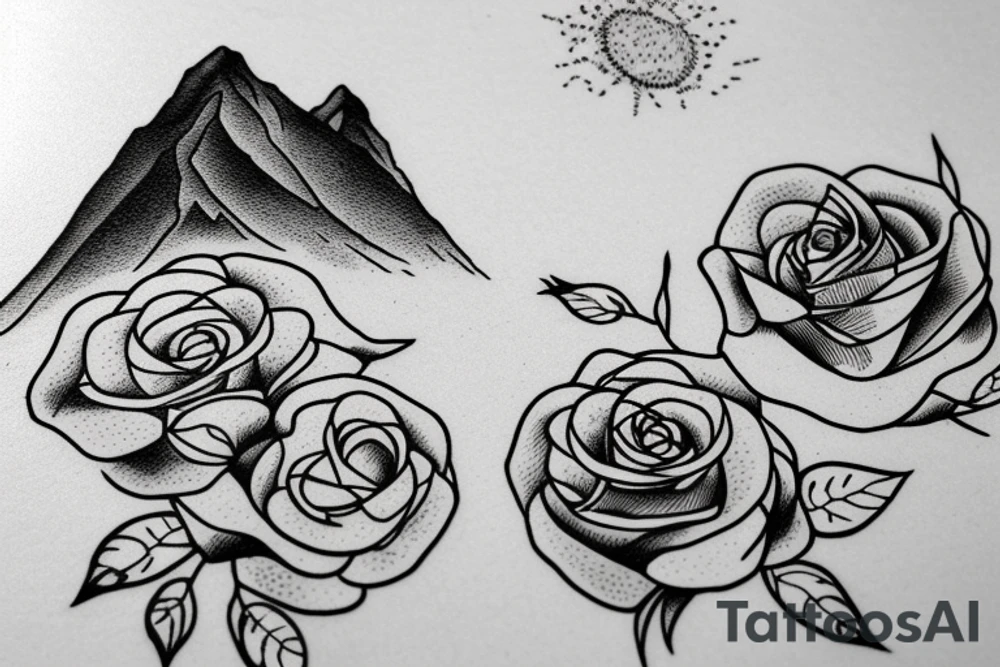a rose below a tree with a mountain in the background tattoo idea
