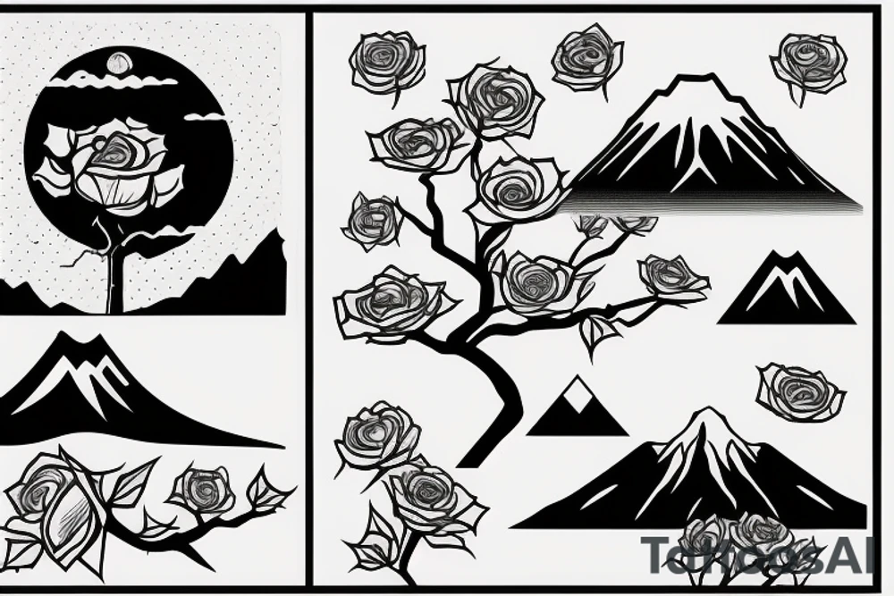 a rose below a tree with a mountain in the background tattoo idea