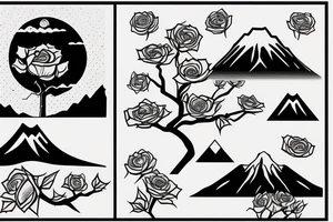 a rose below a tree with a mountain in the background tattoo idea