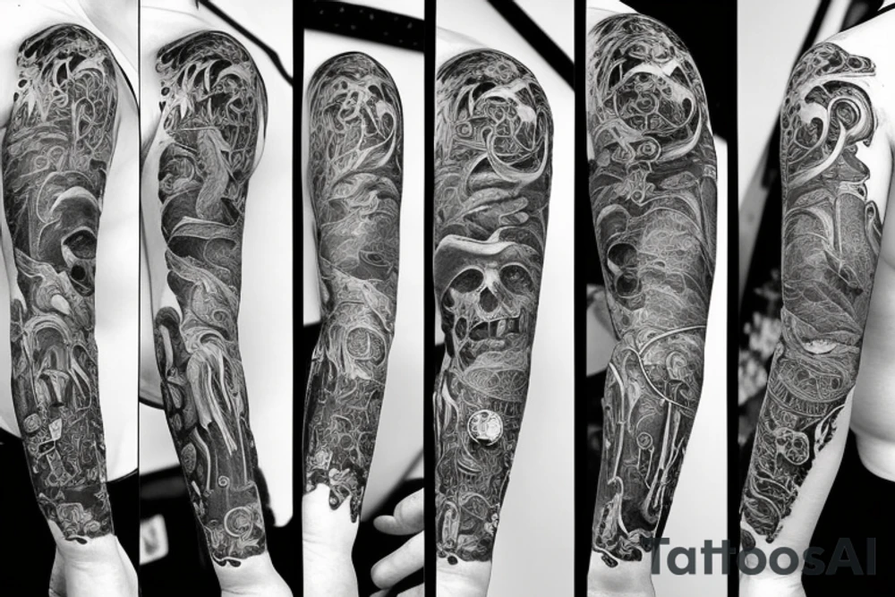 Full sleeve including hand, with reaper, time piece, bottle of whiskey tattoo idea