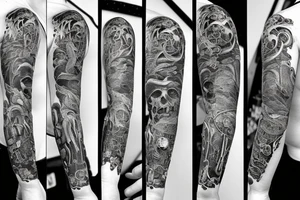 Full sleeve including hand, with reaper, time piece, bottle of whiskey tattoo idea