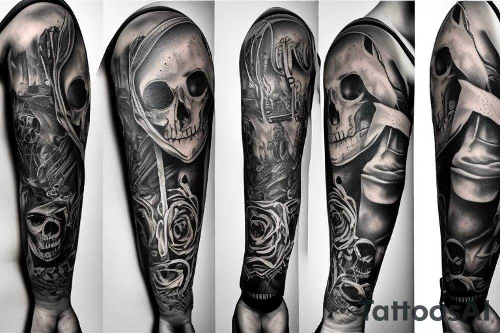 Full sleeve including hand, with reaper, time piece, bottle of whiskey tattoo idea