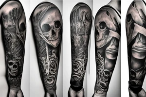 Full sleeve including hand, with reaper, time piece, bottle of whiskey tattoo idea