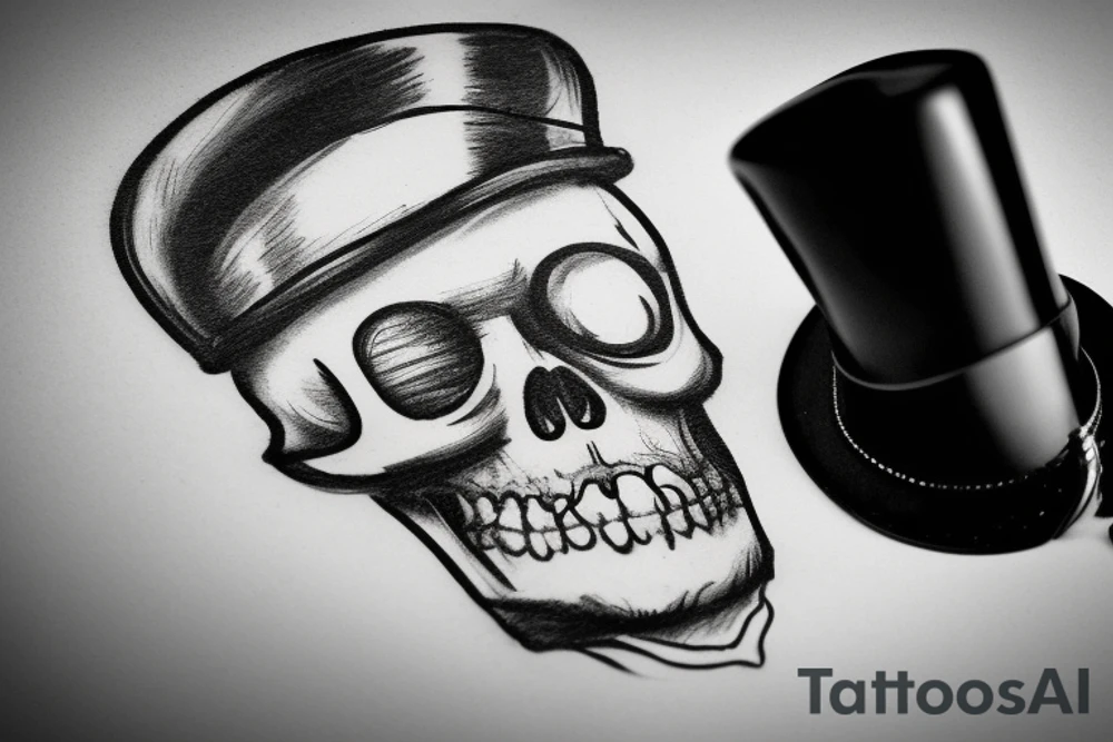 black and white portrait image of a realistic skull head with a top hat, a monocle on its right eye and a moustache, with a cane and a pipe forming the shape of an X under the skull head tattoo idea