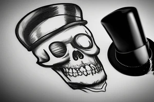 black and white portrait image of a realistic skull head with a top hat, a monocle on its right eye and a moustache, with a cane and a pipe forming the shape of an X under the skull head tattoo idea