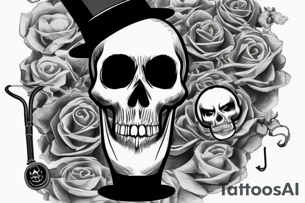 black and white portrait image of a realistic skull head with a top hat, a monocle on its right eye and a moustache, with a cane and a pipe forming the shape of an X under the skull head tattoo idea