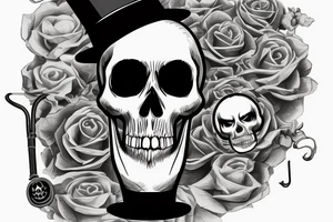 black and white portrait image of a realistic skull head with a top hat, a monocle on its right eye and a moustache, with a cane and a pipe forming the shape of an X under the skull head tattoo idea