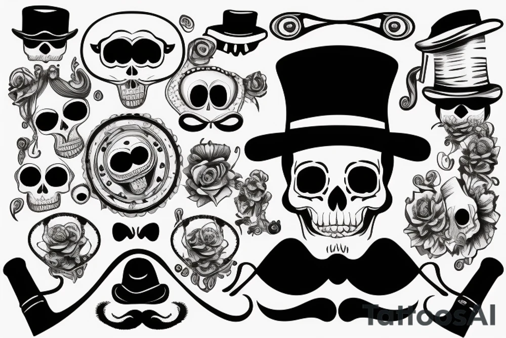 black and white portrait image of a realistic skull head with a top hat, a monocle on its right eye, and a mustache tattoo idea
