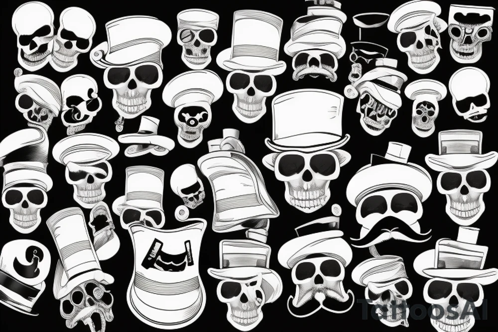 black and white portrait image of a realistic skull head with a top hat, a monocle on its right eye, and a mustache tattoo idea