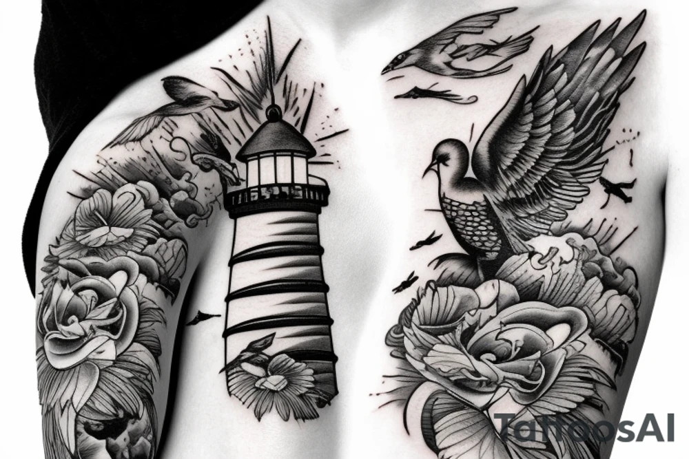 lighthouse  sky birds sea tattoo idea
