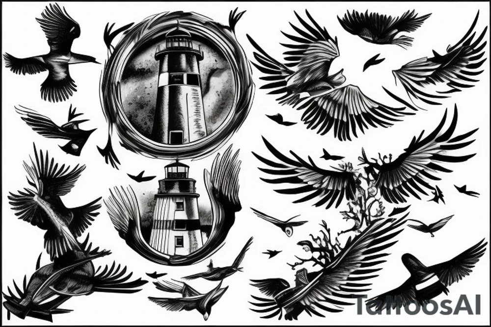 lighthouse  sky birds sea tattoo idea
