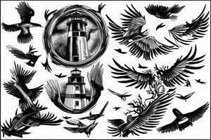 lighthouse  sky birds sea tattoo idea