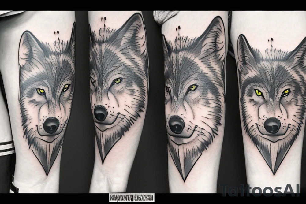 A wolfs face in trees tattoo idea