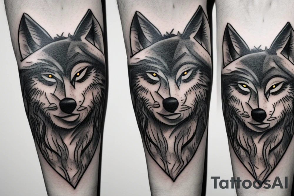 A wolfs face in trees tattoo idea
