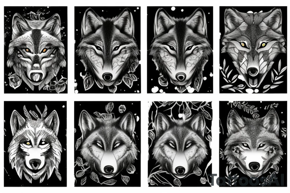 A wolfs face in-front of a forest tattoo idea