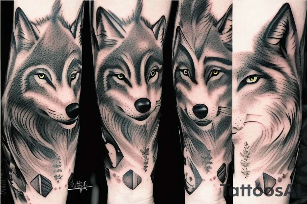 A wolfs face in-front of a forest tattoo idea