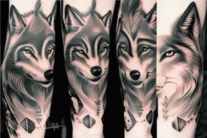 A wolfs face in-front of a forest tattoo idea