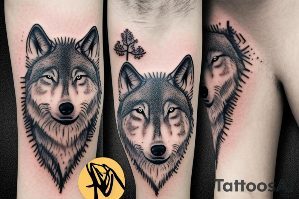 A wolfs face in-front of a forest tattoo idea