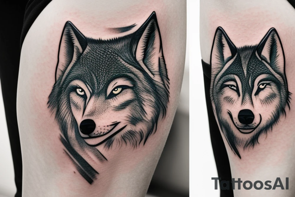 A wolfs face in-front of a forest tattoo idea