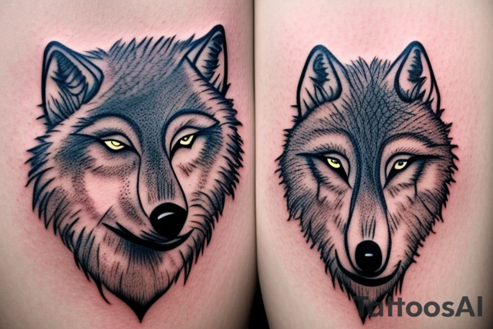 A wolfs face in-front of a forest tattoo idea