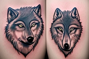 A wolfs face in-front of a forest tattoo idea