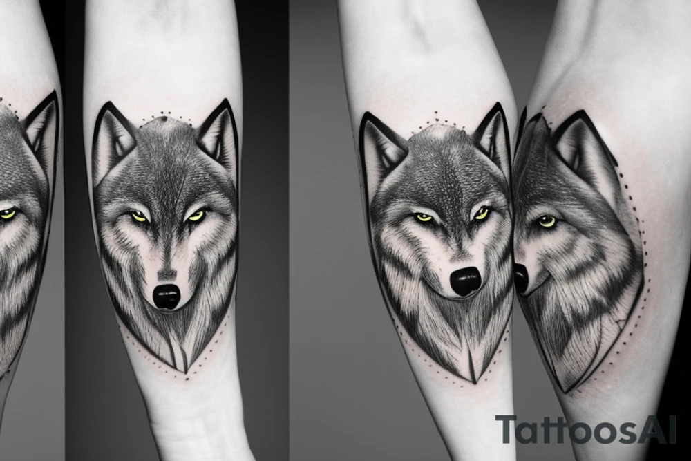 A wolfs face in-front of a forest tattoo idea