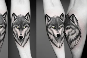 A wolfs face in-front of a forest tattoo idea