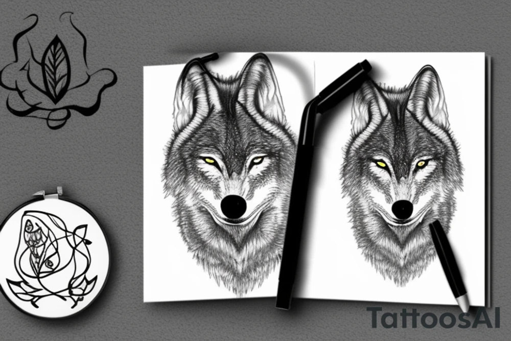 A wolfs face in-front of a forest tattoo idea