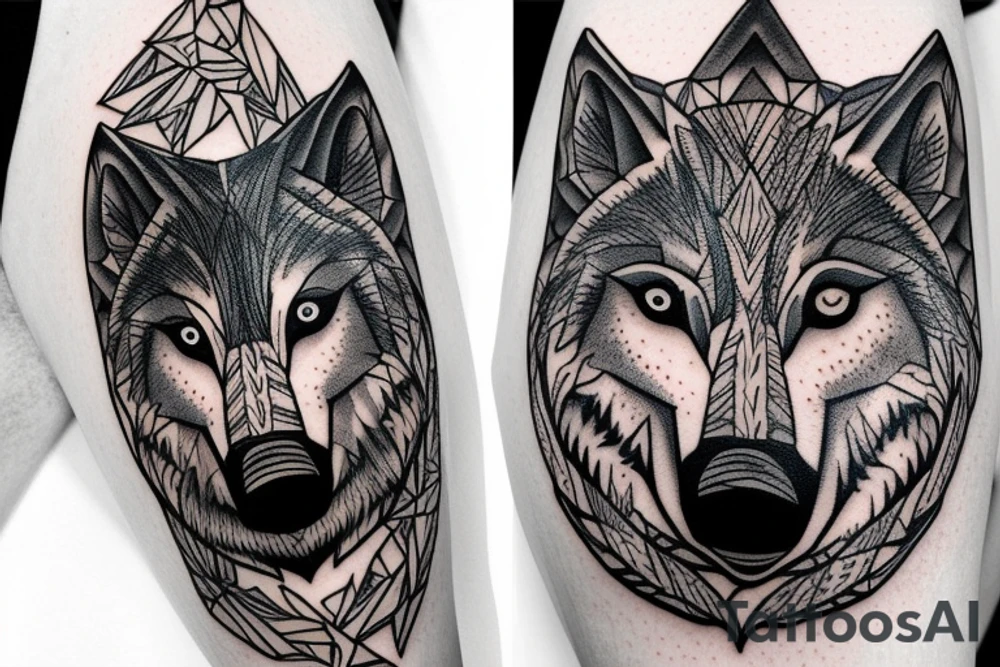 A wolfs face in-front of a forest tattoo idea