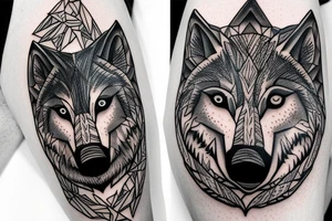 A wolfs face in-front of a forest tattoo idea