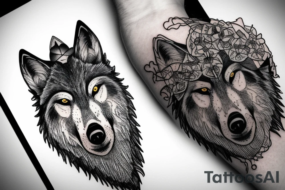 A wolfs face in-front of a forest tattoo idea