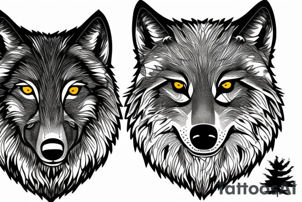 A wolfs face in-front of a forest tattoo idea
