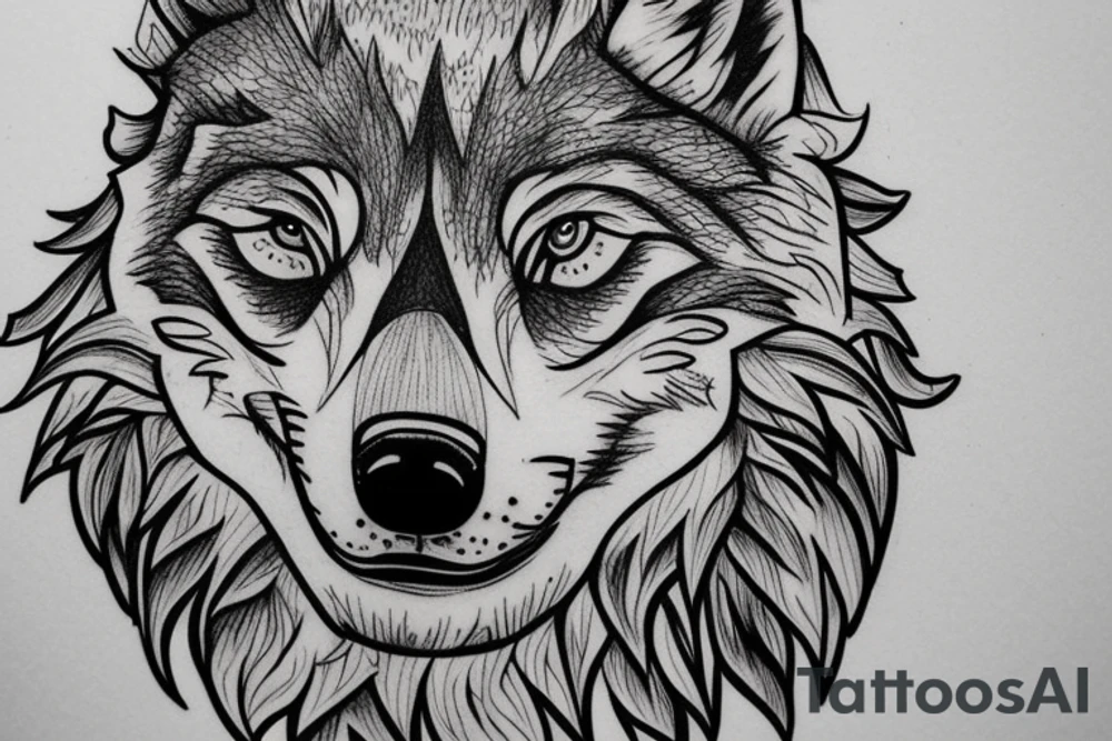A wolfs face in-front of a forest tattoo idea