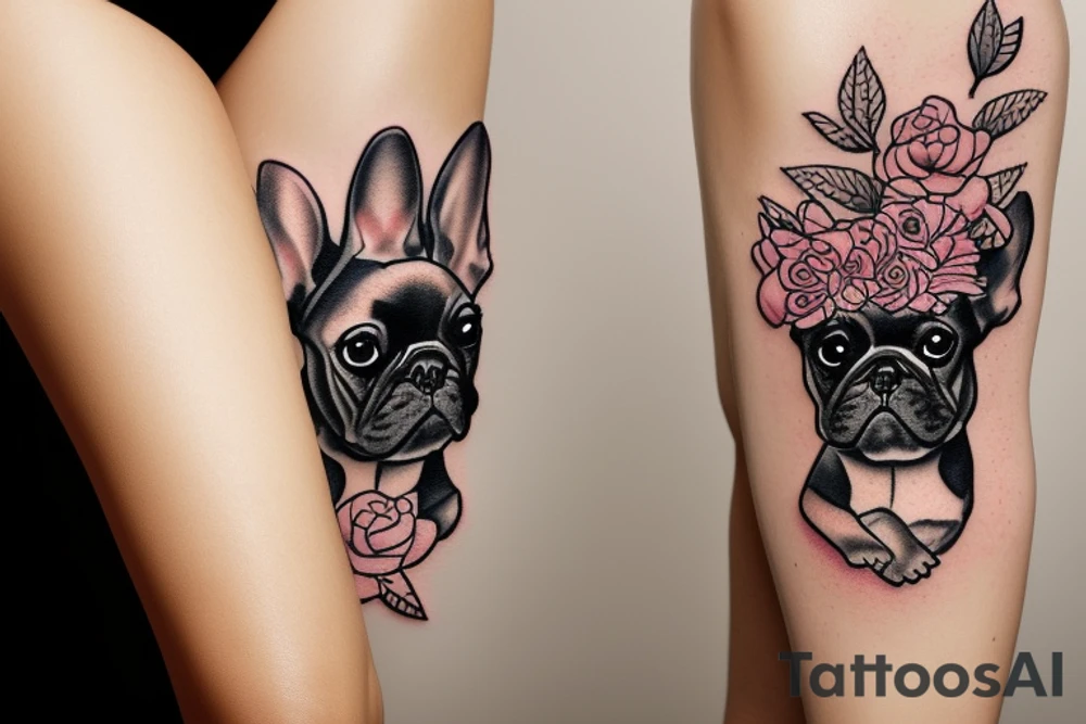 french bulldog with flowers tattoo idea