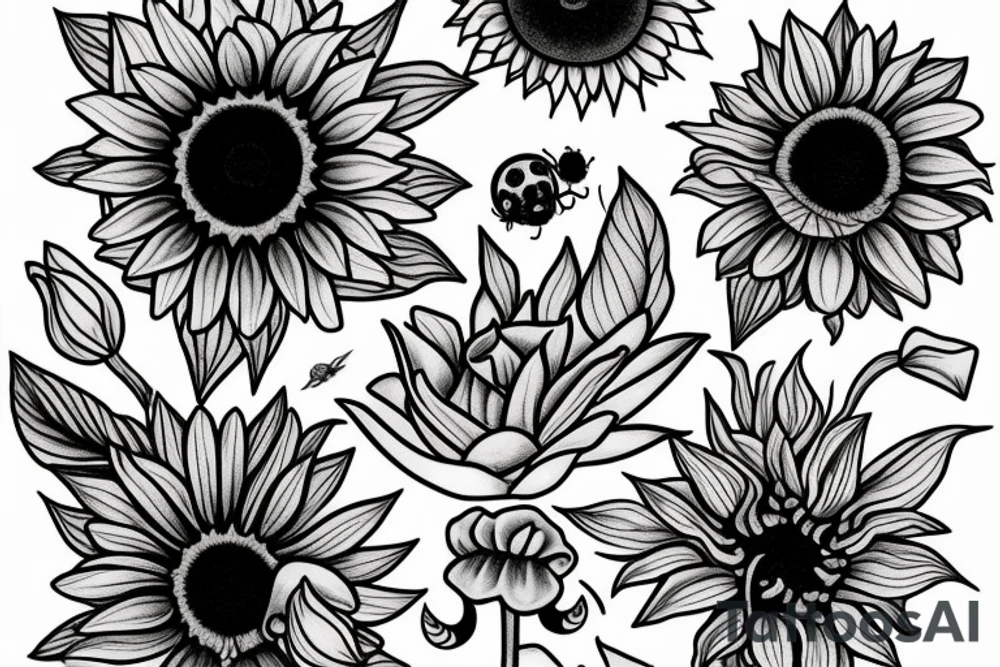 Rose, Lillie’s, sunflower.  Including simple foliage. Outline only. Black and white. Whimsical including small spider, mushrooms, crystals, ladybug. Incorporate negative space and bands tattoo idea