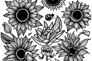 Rose, Lillie’s, sunflower.  Including simple foliage. Outline only. Black and white. Whimsical including small spider, mushrooms, crystals, ladybug. Incorporate negative space and bands tattoo idea