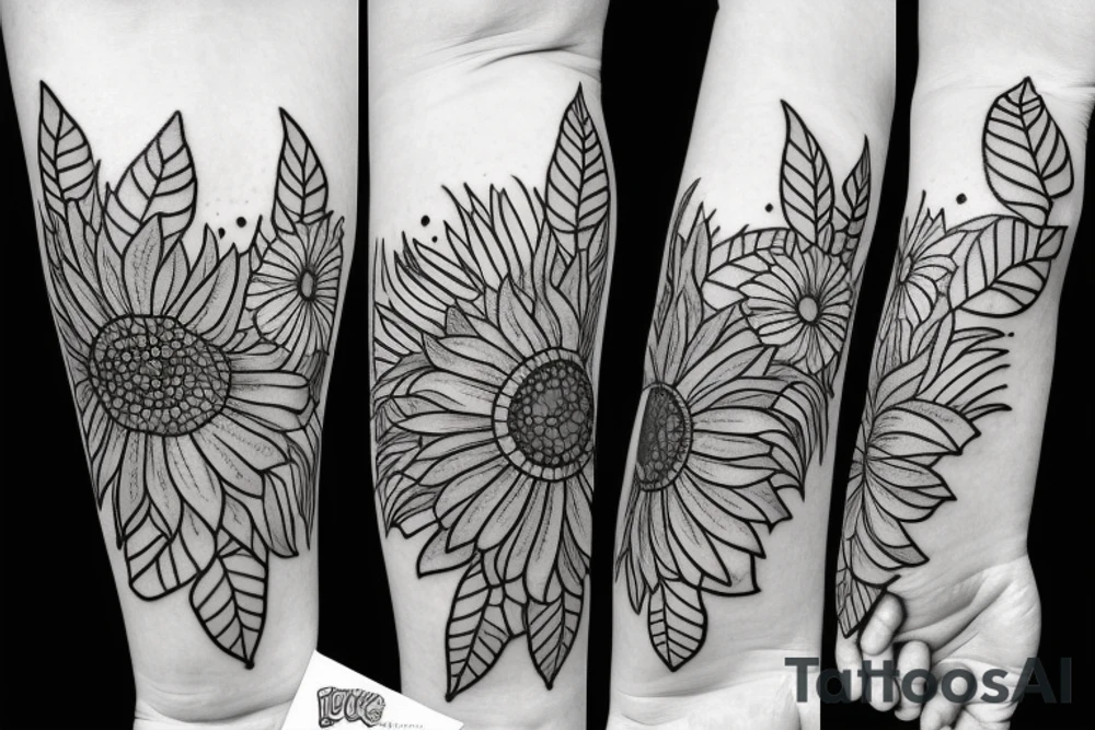 Rose, Lillie’s, sunflower.  Including simple foliage. Outline only. Black and white. Whimsical including small spider, mushrooms, crystals, ladybug. Incorporate negative space and bands tattoo idea