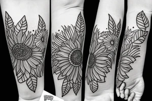 Rose, Lillie’s, sunflower.  Including simple foliage. Outline only. Black and white. Whimsical including small spider, mushrooms, crystals, ladybug. Incorporate negative space and bands tattoo idea