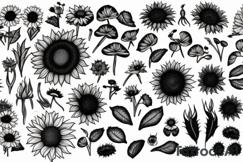 Rose, Lillie’s, sunflower.  Including simple foliage. Outline only. Black and white. Whimsical including small spider, mushrooms, crystals, ladybug. Incorporate negative space and bands tattoo idea