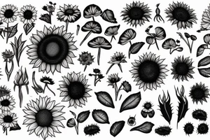 Rose, Lillie’s, sunflower.  Including simple foliage. Outline only. Black and white. Whimsical including small spider, mushrooms, crystals, ladybug. Incorporate negative space and bands tattoo idea