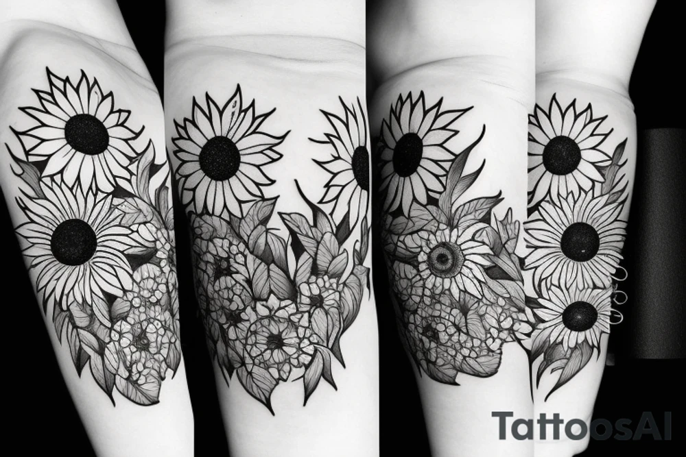 Rose, Lillie’s, sunflower.  Including simple foliage. Outline only. Black and white. Whimsical including small spider, mushrooms, crystals, ladybug. Incorporate negative space and bands tattoo idea